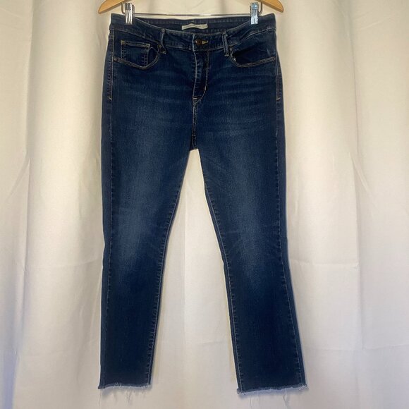 Levis Classic Mid Rise Skinny Jeans Womens 14 Raw Hem MedWash Denim Stretch EUC - Picture 1 of 12